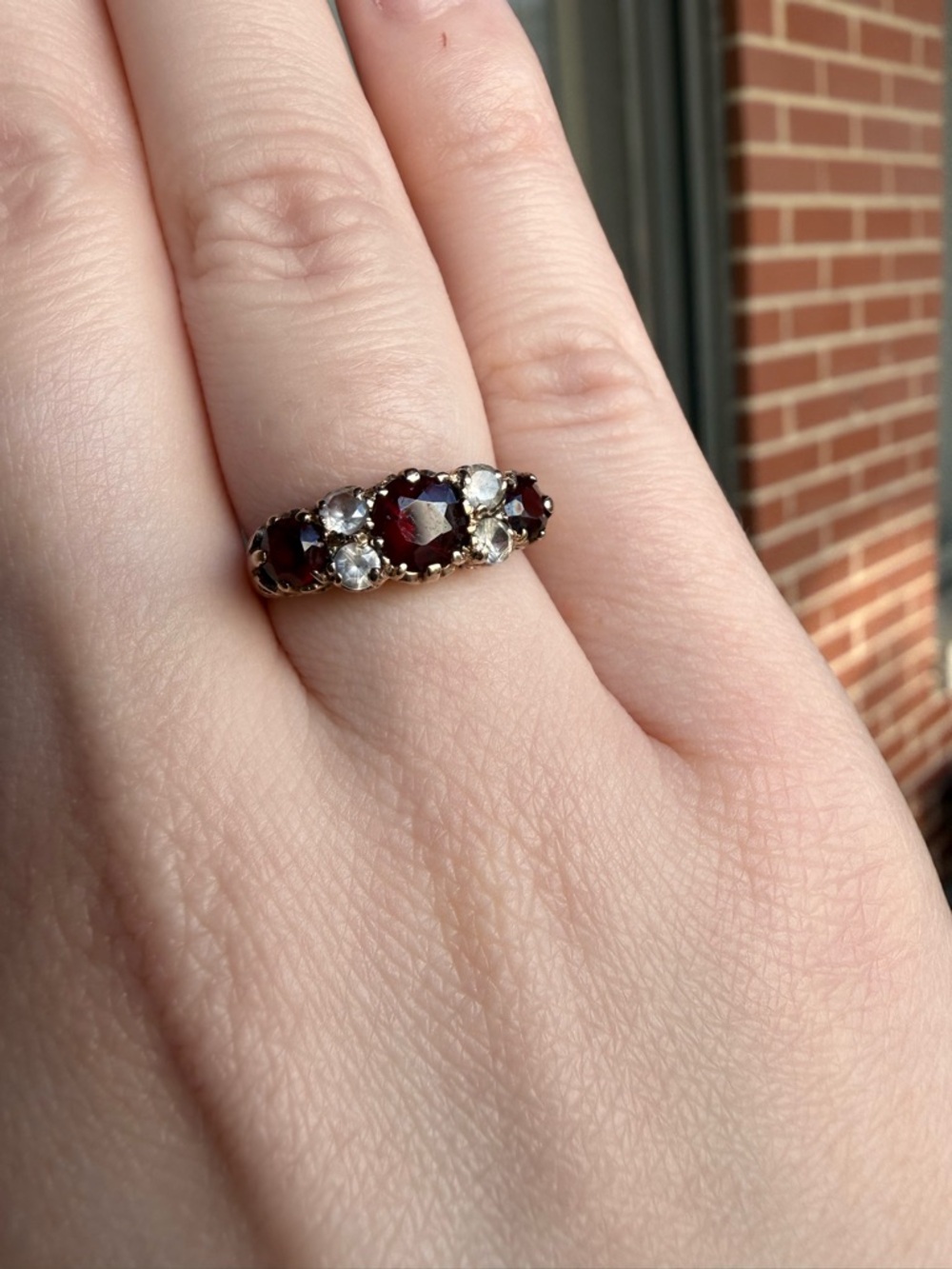 Vintage Garnet and White Topaz Ring - 9k yellow gold